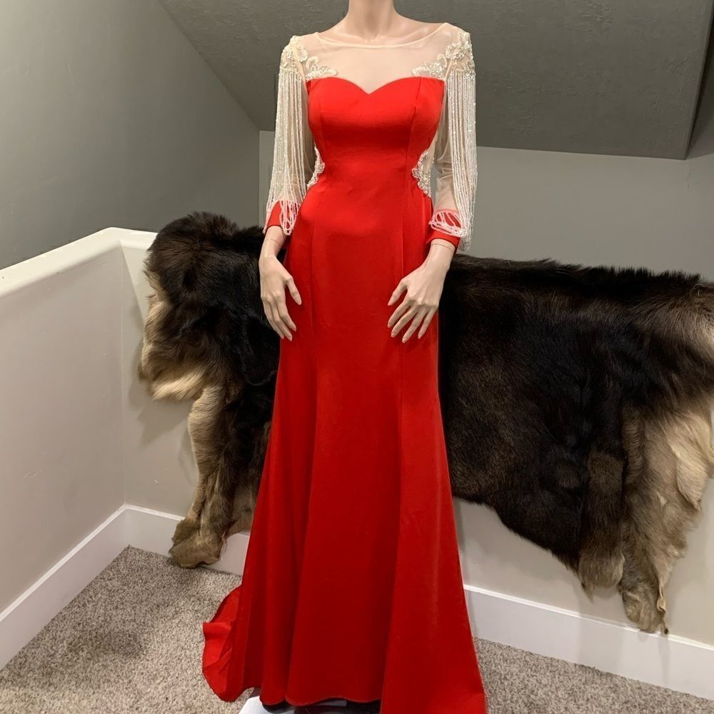 Stunning Crystal Beads & Sequins, Illusion Long Sleeves, Mermaid Gown